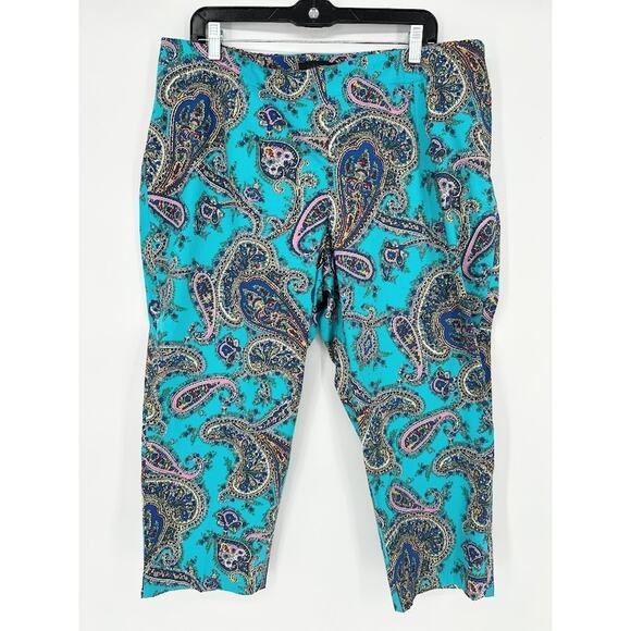 Talbots Paisley Pants 18WP Petite Plus Turquoise Blue Crop Stretch Cotton Capri - Picture 1 of 10